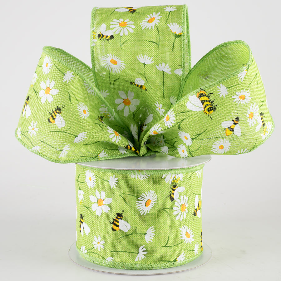 2.5" Linen Daisies & Bumblebees Ribbon: Lime Green (10 Yards)