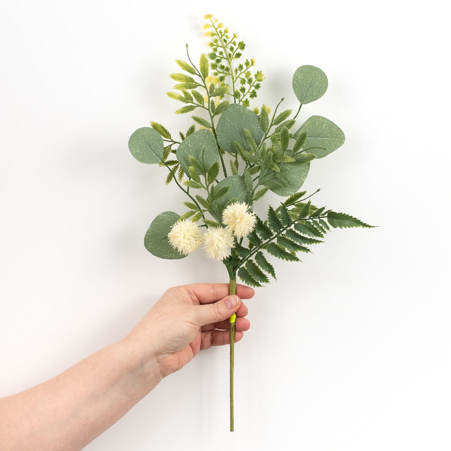 18" Fern, Eucalyptus, Pom Pom Pick: Cream