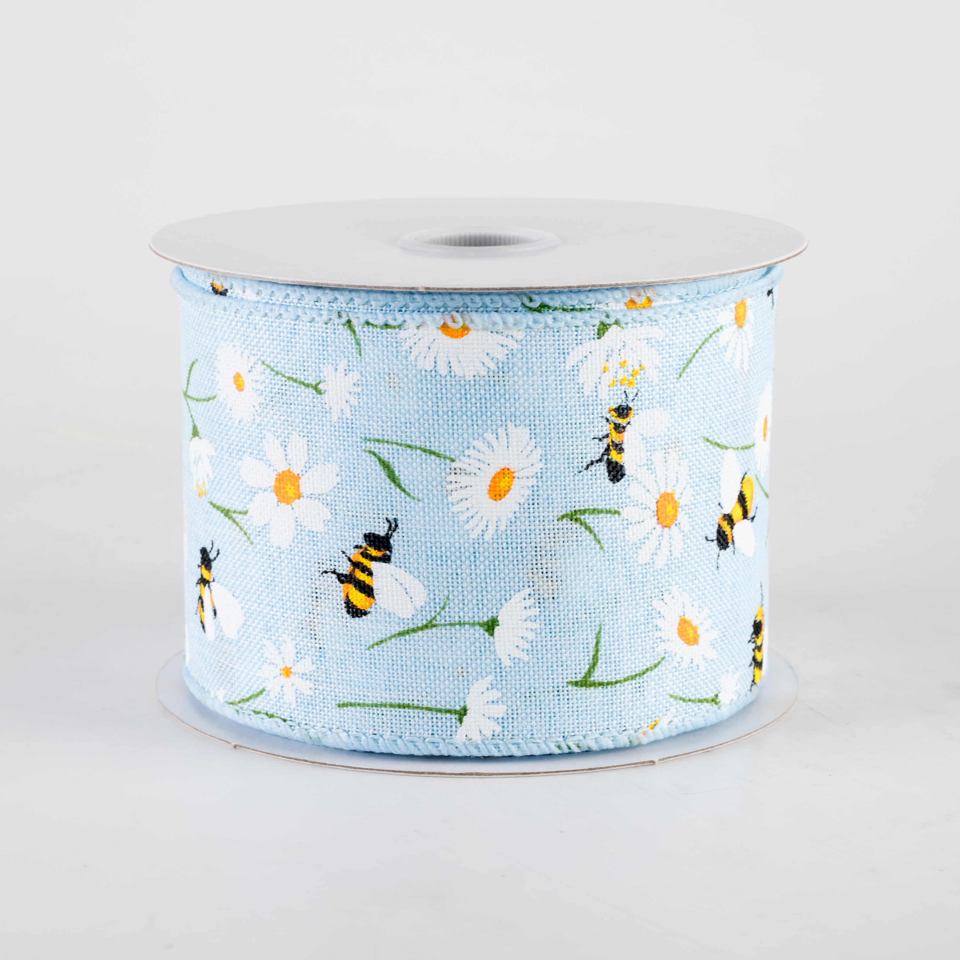 2.5" Linen Daisies & Bumblebees Ribbon: Light Blue (10 Yards)