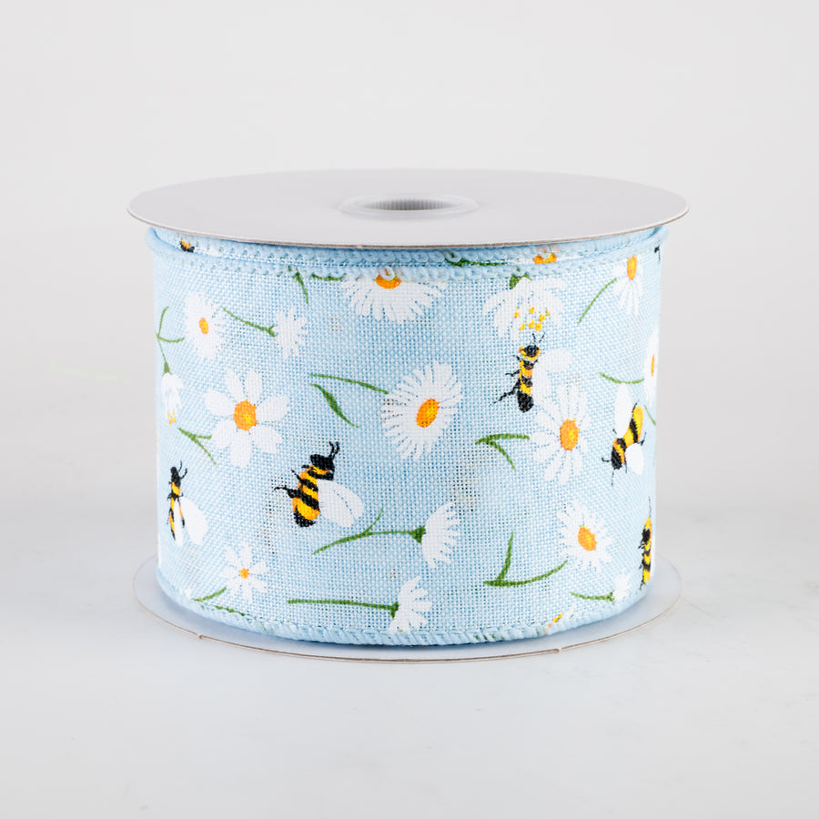 2.5" Linen Daisies & Bumblebees Ribbon: Light Blue (10 Yards)
