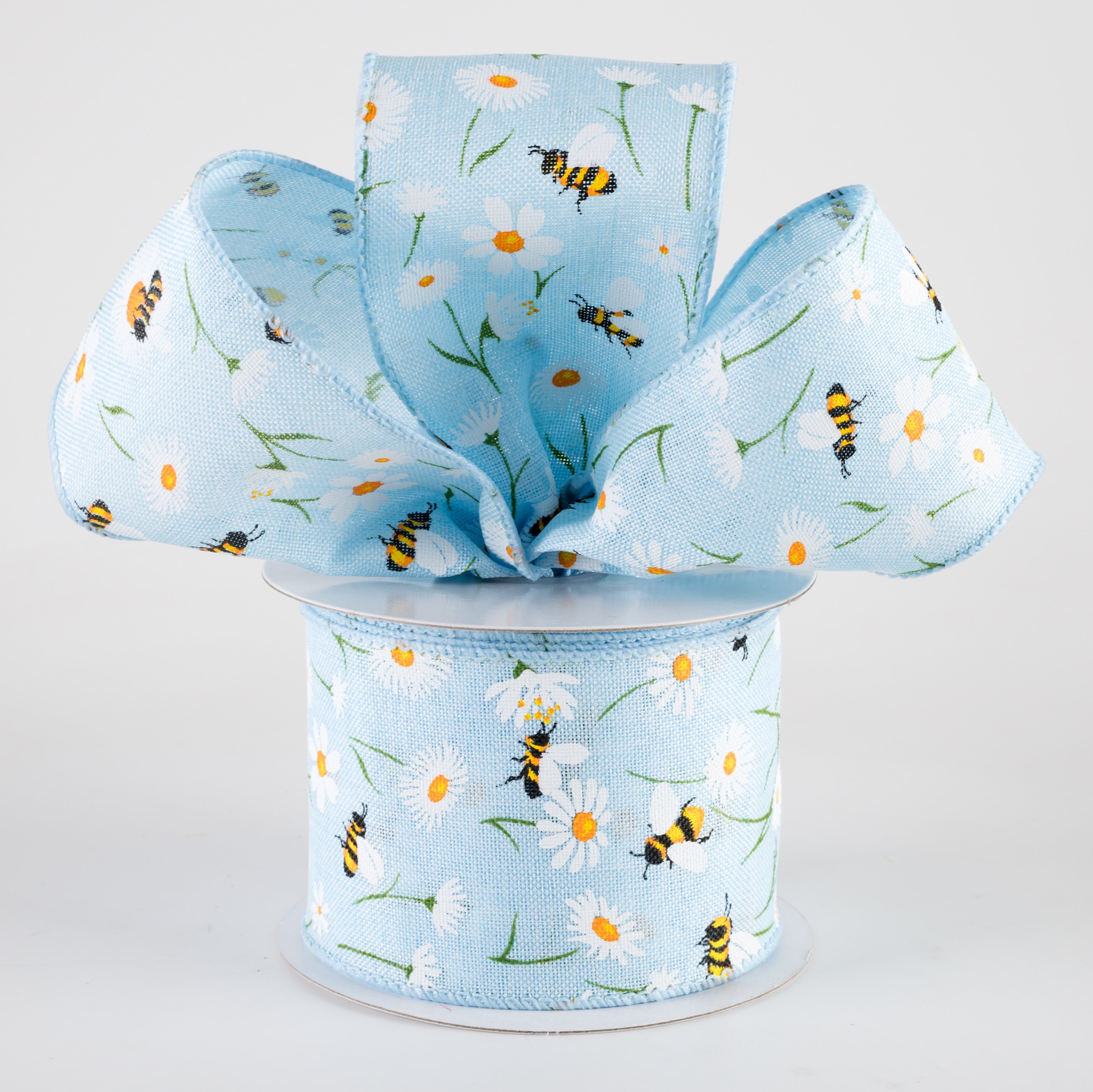 2.5" Linen Daisies & Bumblebees Ribbon: Light Blue (10 Yards)