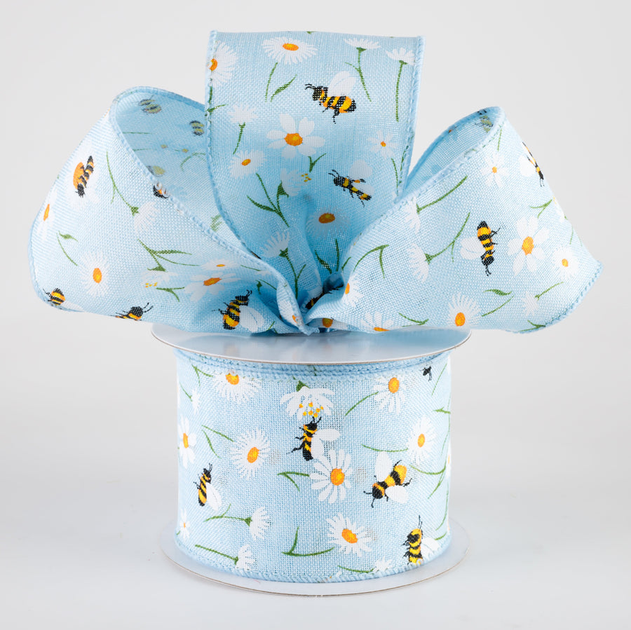 2.5" Linen Daisies & Bumblebees Ribbon: Light Blue (10 Yards)