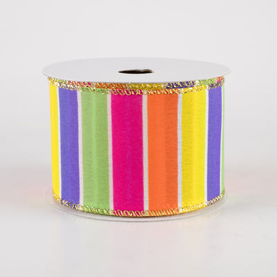 2.5" Wide Stripes Gold Edge Ribbon: Orange, Yellow, Fuchsia Pink, Lime, Purple (10 Yards)