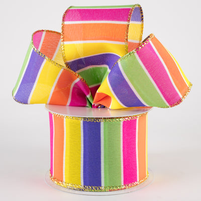 2.5" Wide Stripes Gold Edge Ribbon: Orange, Yellow, Fuchsia Pink, Lime, Purple (10 Yards)
