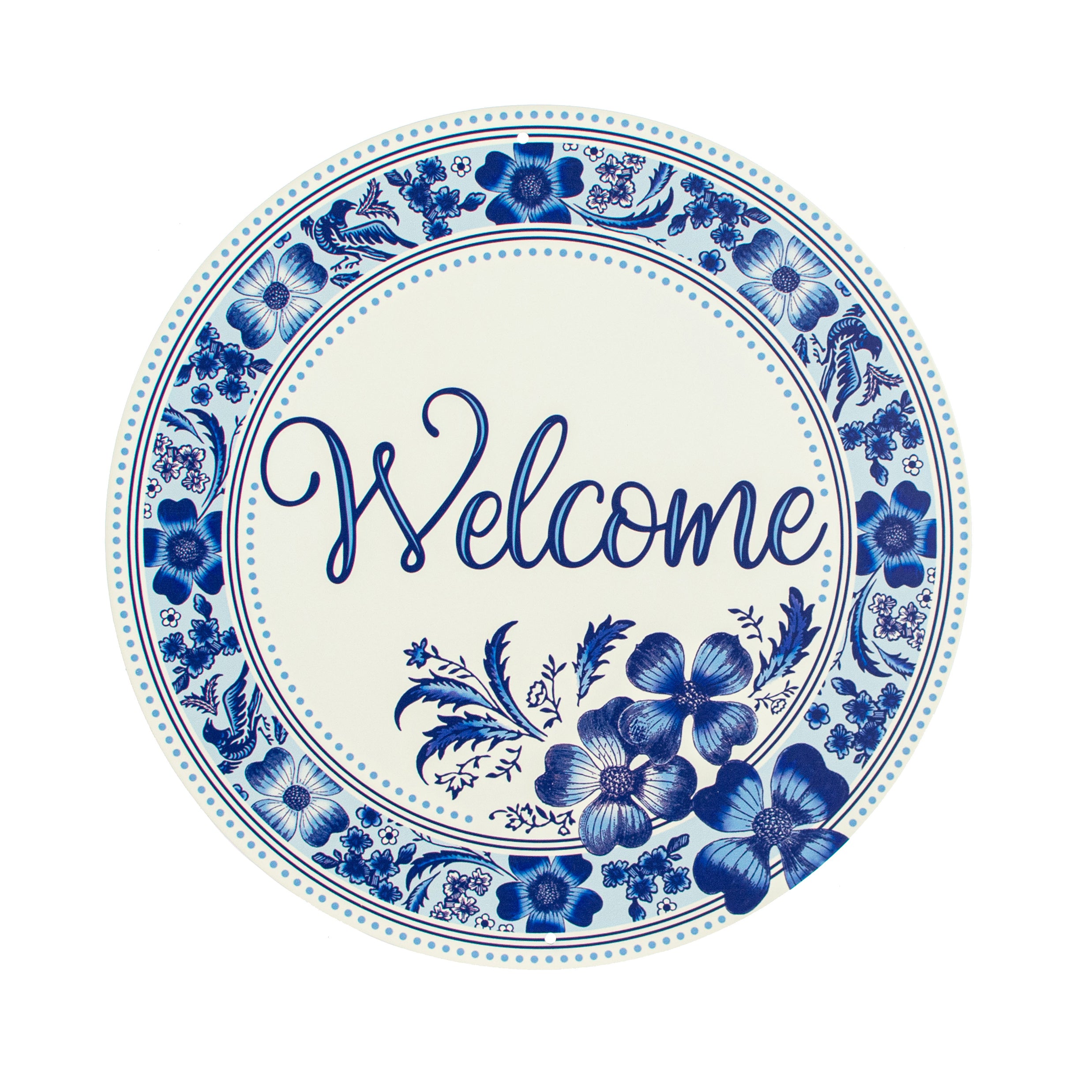 8" Metal Sign: Welcome Blue & White Floral