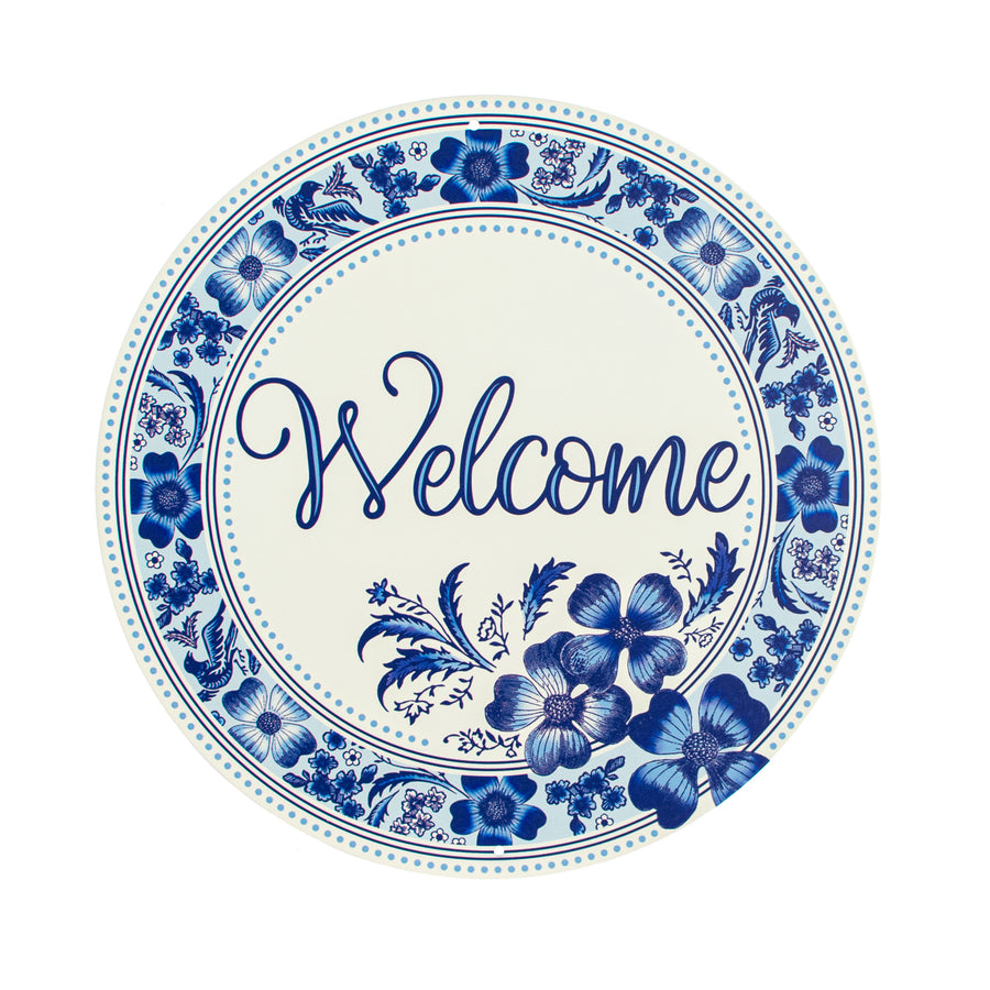 8" Metal Sign: Welcome Blue & White Floral