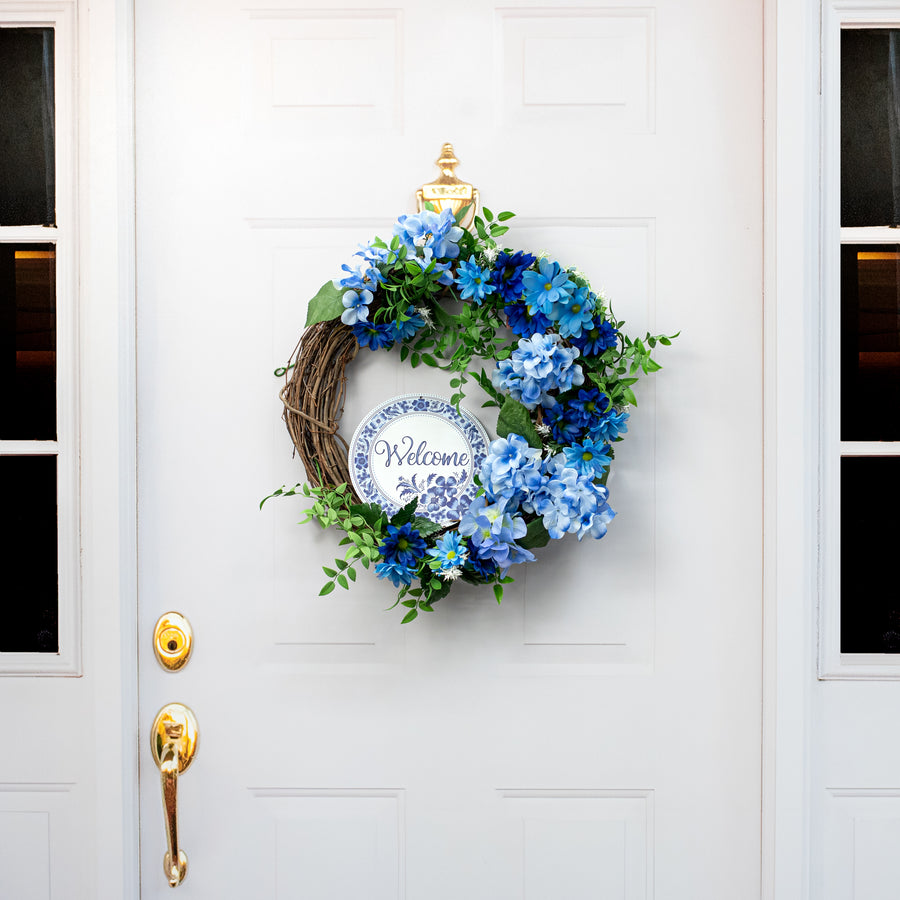 8" Metal Sign: Welcome Blue & White Floral