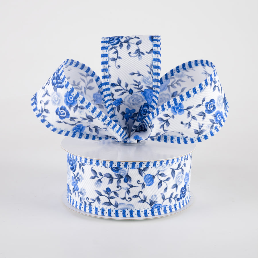 1.5" Mini Roses & Stripe Edge Ribbon: Blues (10 Yards)
