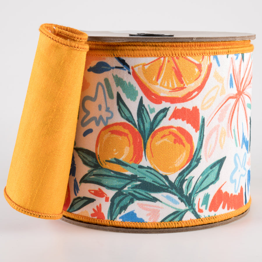 [D Stevens] 4" Dupioni Watercolor Abstract Oranges Ribbon: Orange & Blue (10 Yards)