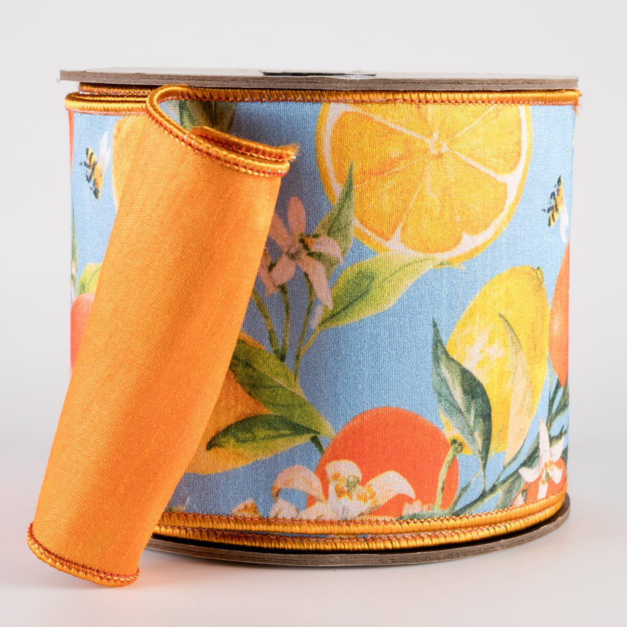 [D Stevens] 4" Dupioni Watercolor Citrus & Blossoms Ribbon: Blue & Orange (10 Yards)