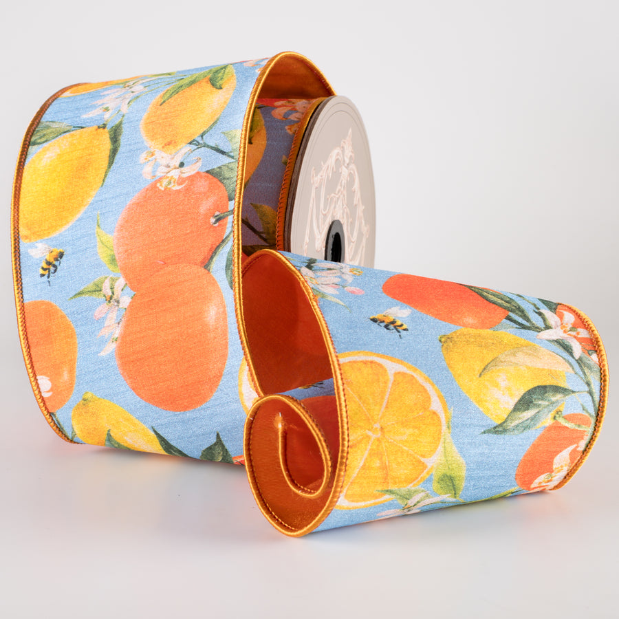 [D Stevens] 4" Dupioni Watercolor Citrus & Blossoms Ribbon: Blue & Orange (10 Yards)