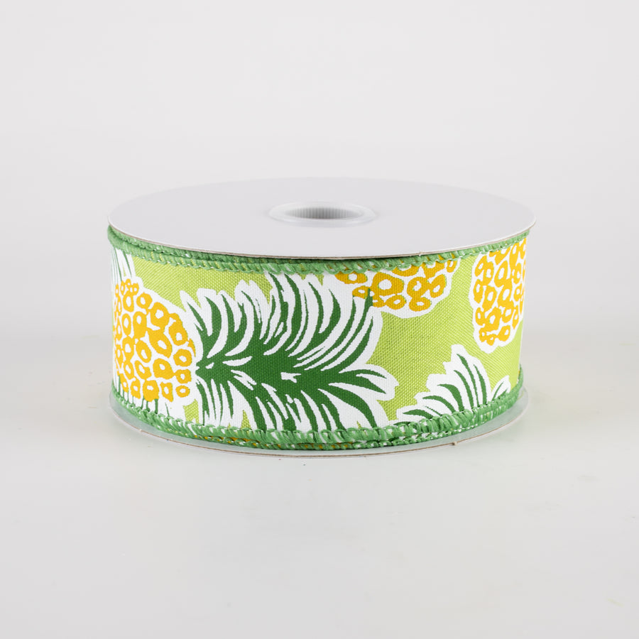 1.5" Satin Tropical Pineapples Ribbon: Lime Green (10 Yards)