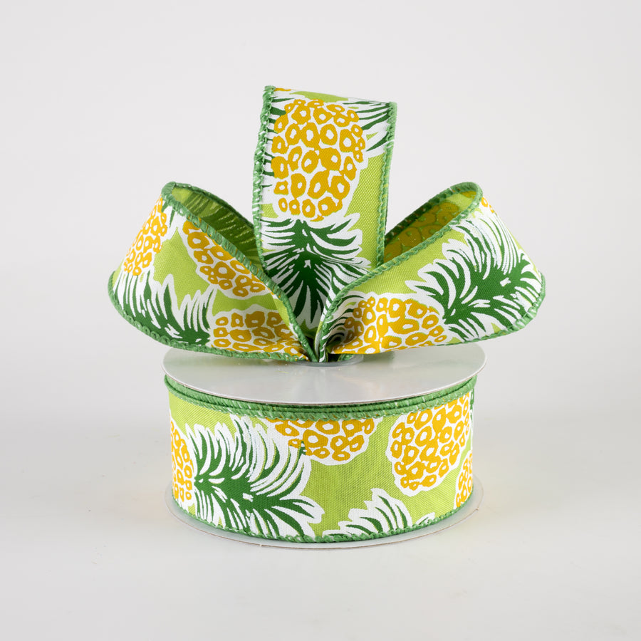 1.5" Satin Tropical Pineapples Ribbon: Lime Green (10 Yards)