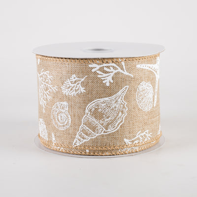 2.5" Linen Beach Stamped Icons Ribbon: Natural & White (10 Yards)
