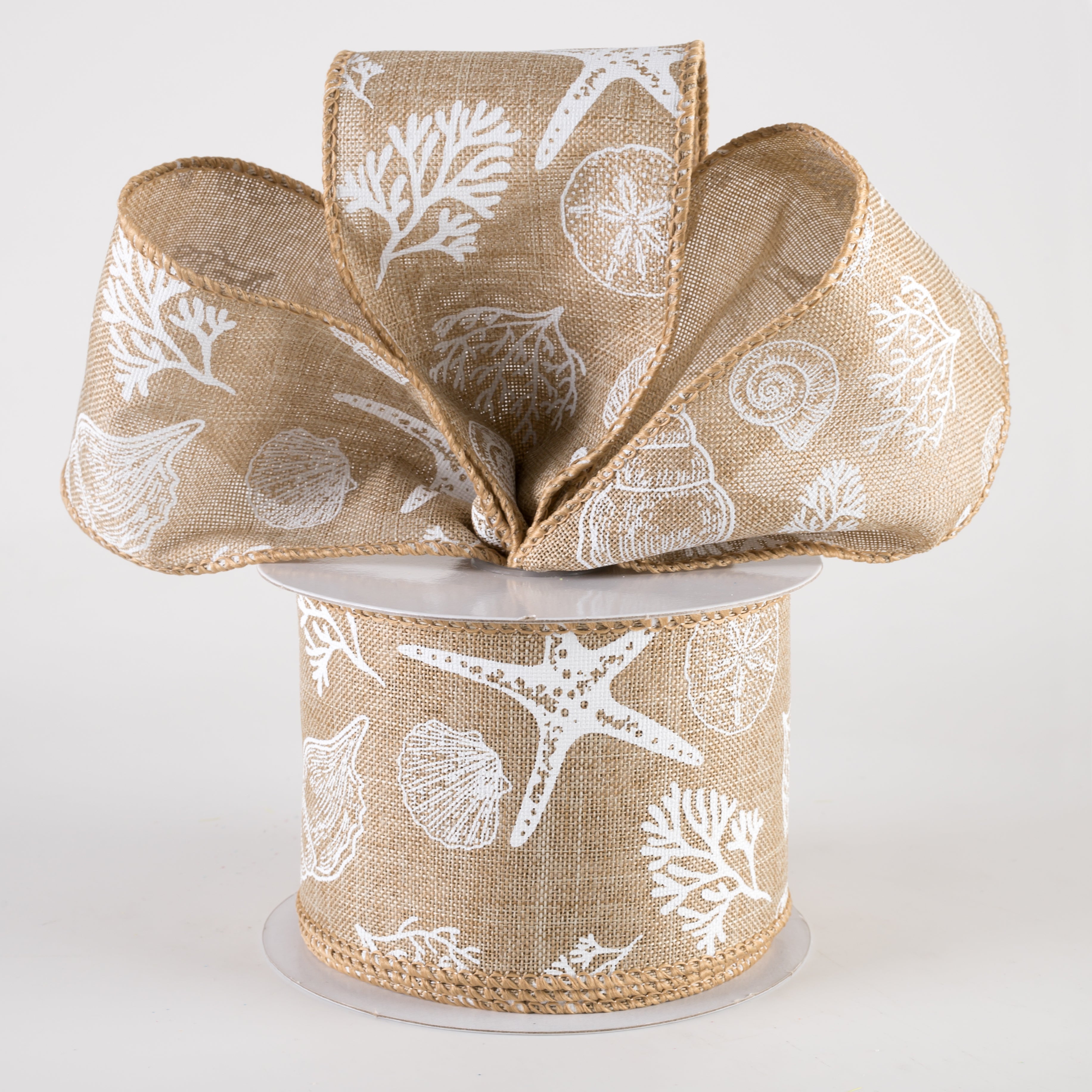 2.5" Linen Beach Stamped Icons Ribbon: Natural & White (10 Yards)
