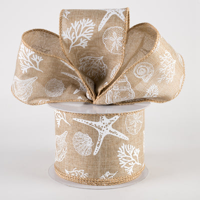 2.5" Linen Beach Stamped Icons Ribbon: Natural & White (10 Yards)