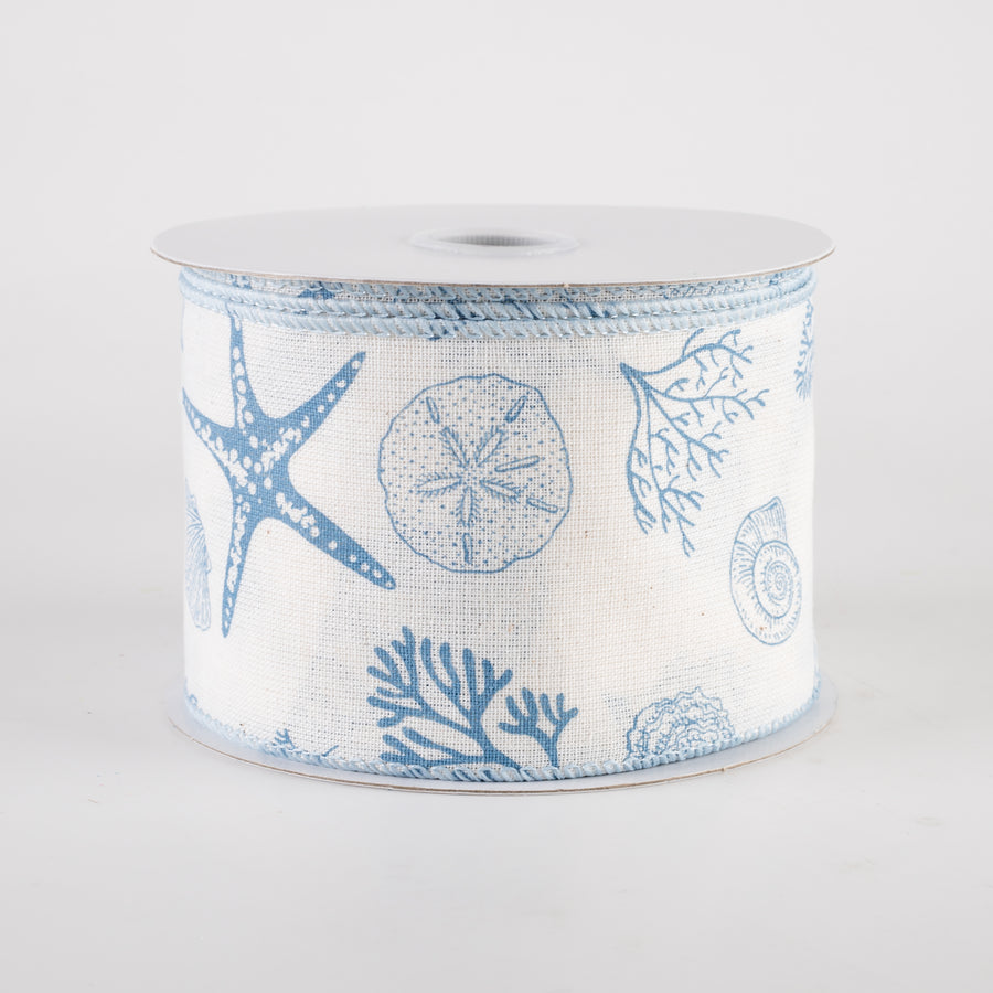 2.5" Canvas Beach Stamped Icons Ribbon: Cream & Blue (10 Yards)