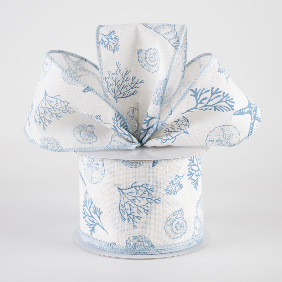 2.5" Canvas Beach Stamped Icons Ribbon: Cream & Blue (10 Yards)