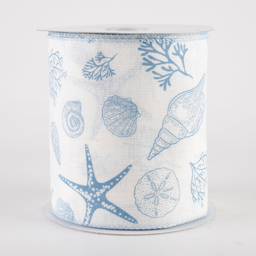 4" Canvas Beach Stamped Icons Ribbon: Cream & Blue (10 Yards)