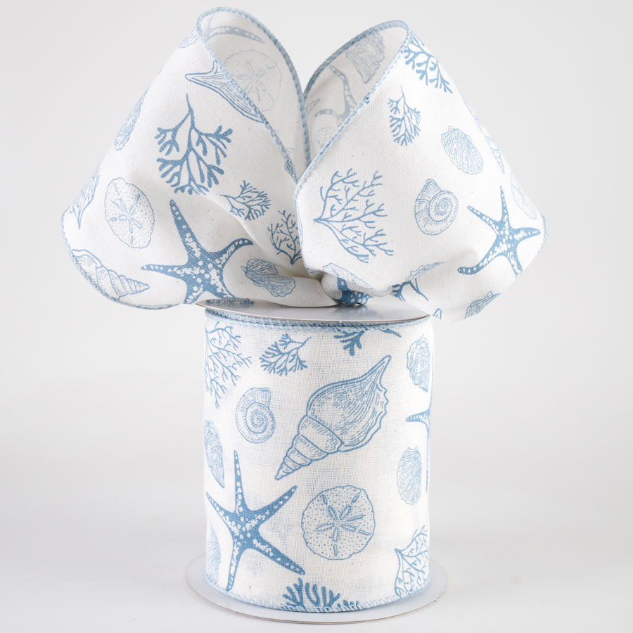 4" Canvas Beach Stamped Icons Ribbon: Cream & Blue (10 Yards)