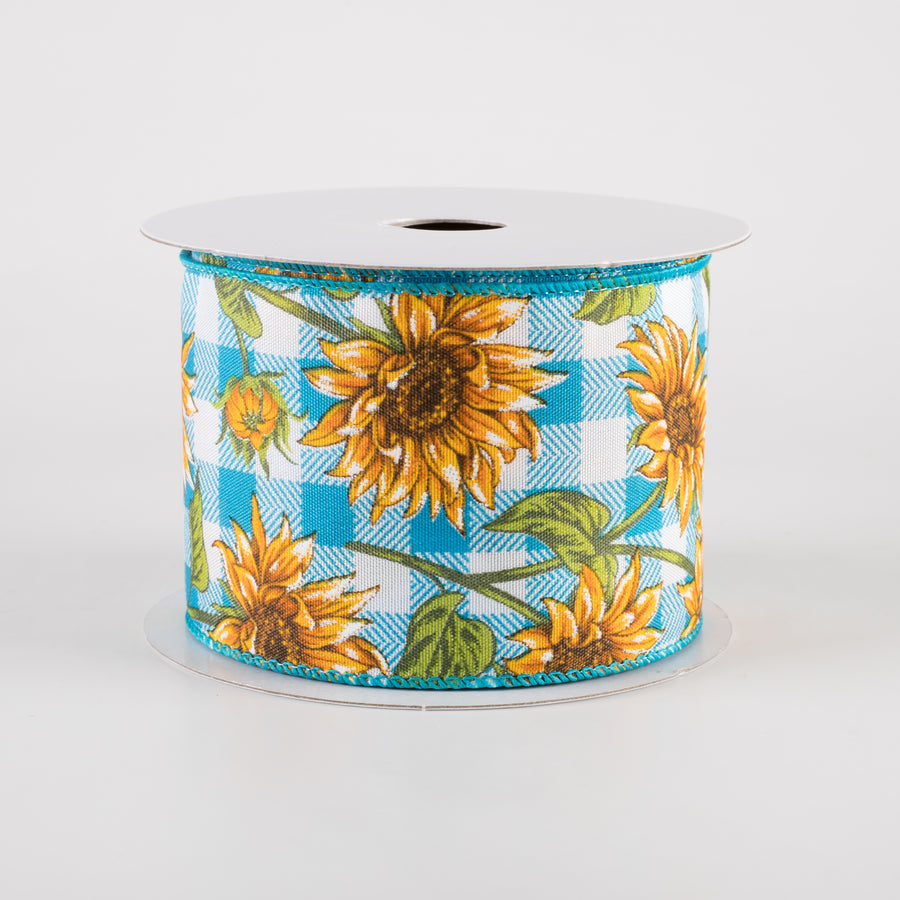2.5" Satin Wild Sunflowers Check Ribbon: Teal & White (10 Yards)