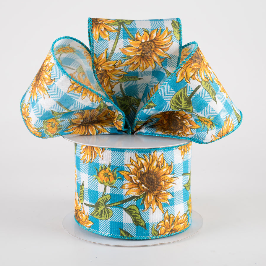 2.5" Satin Wild Sunflowers Check Ribbon: Teal & White (10 Yards)