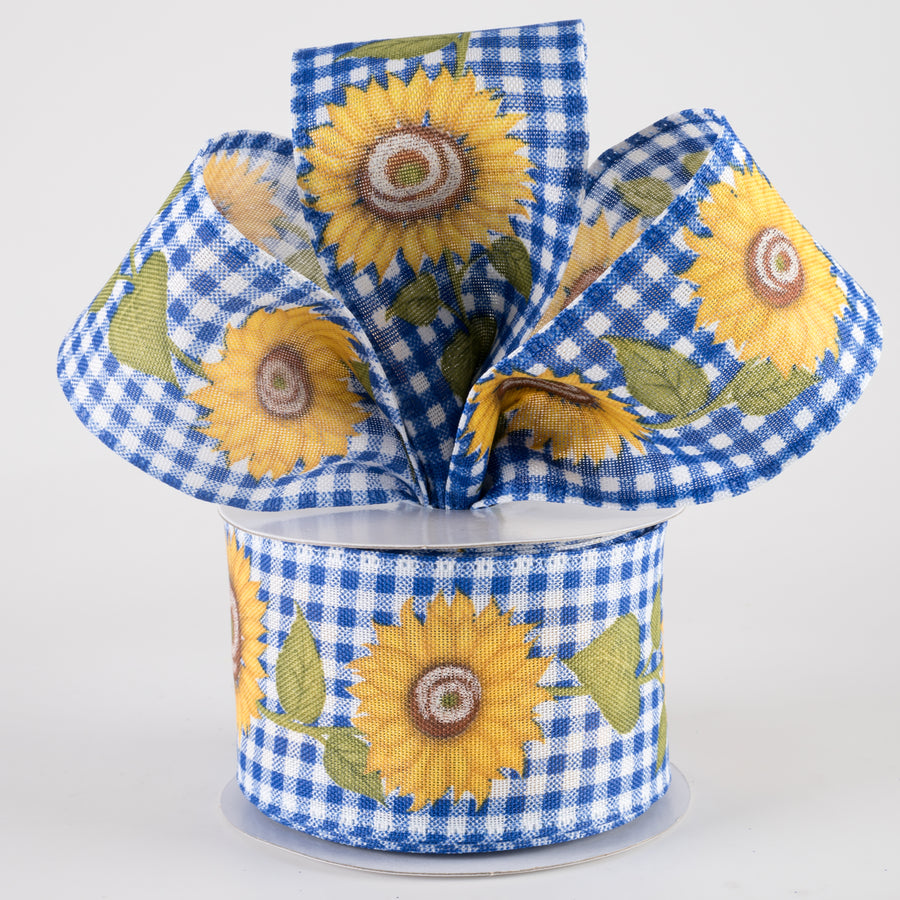 2.5" Sunflower Cascade Gingham Ribbon: Royal Blue & White (10 Yards)