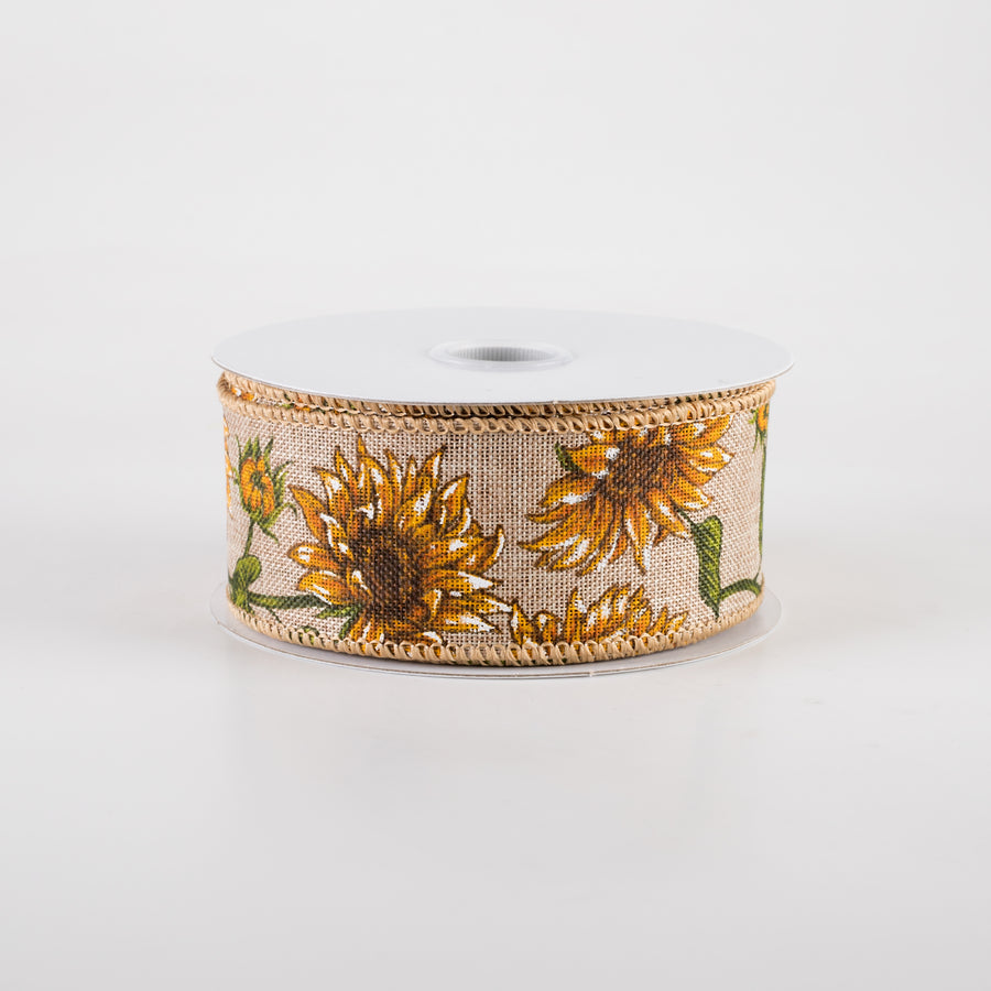 1.5" Linen Wild Sunflowers Ribbon: Natural (10 Yards)
