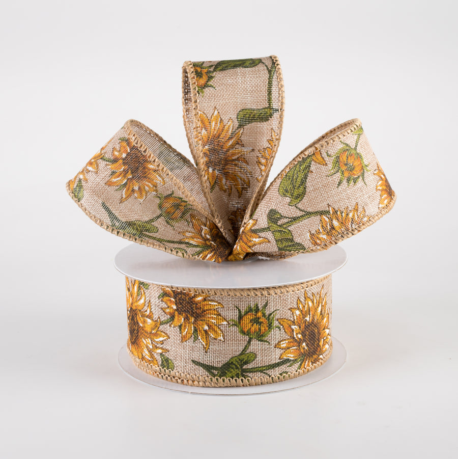 1.5" Linen Wild Sunflowers Ribbon: Natural (10 Yards)