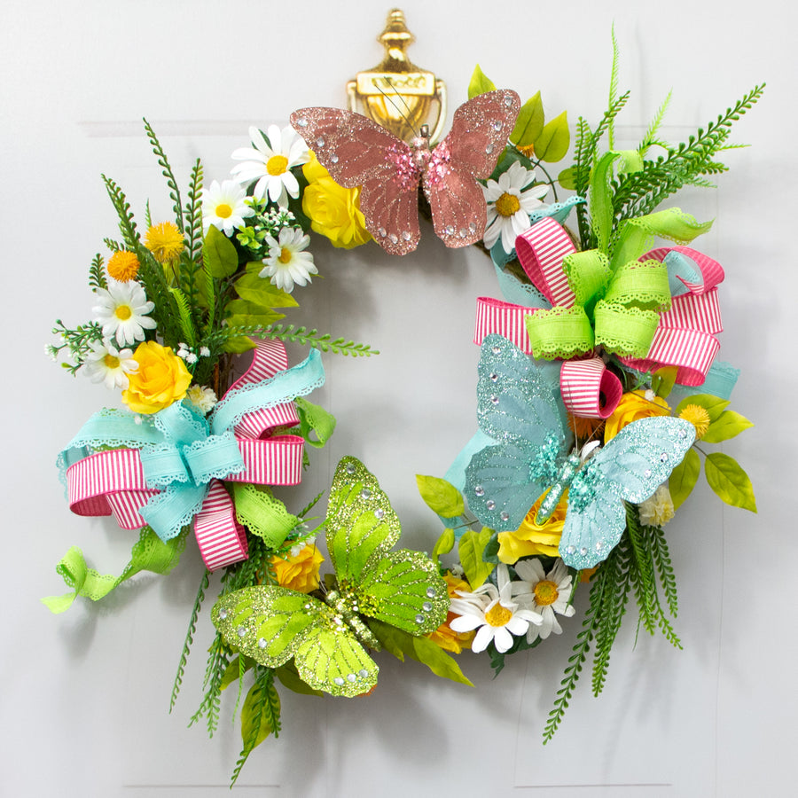 9" Velvet, Glitter, Gem Butterfly Ornament: Lime Green