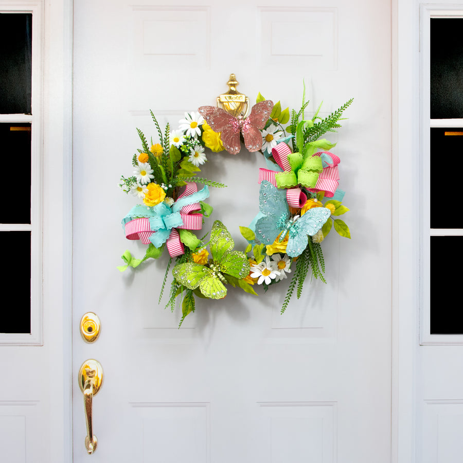 9" Velvet, Glitter, Gem Butterfly Ornament: Lime Green