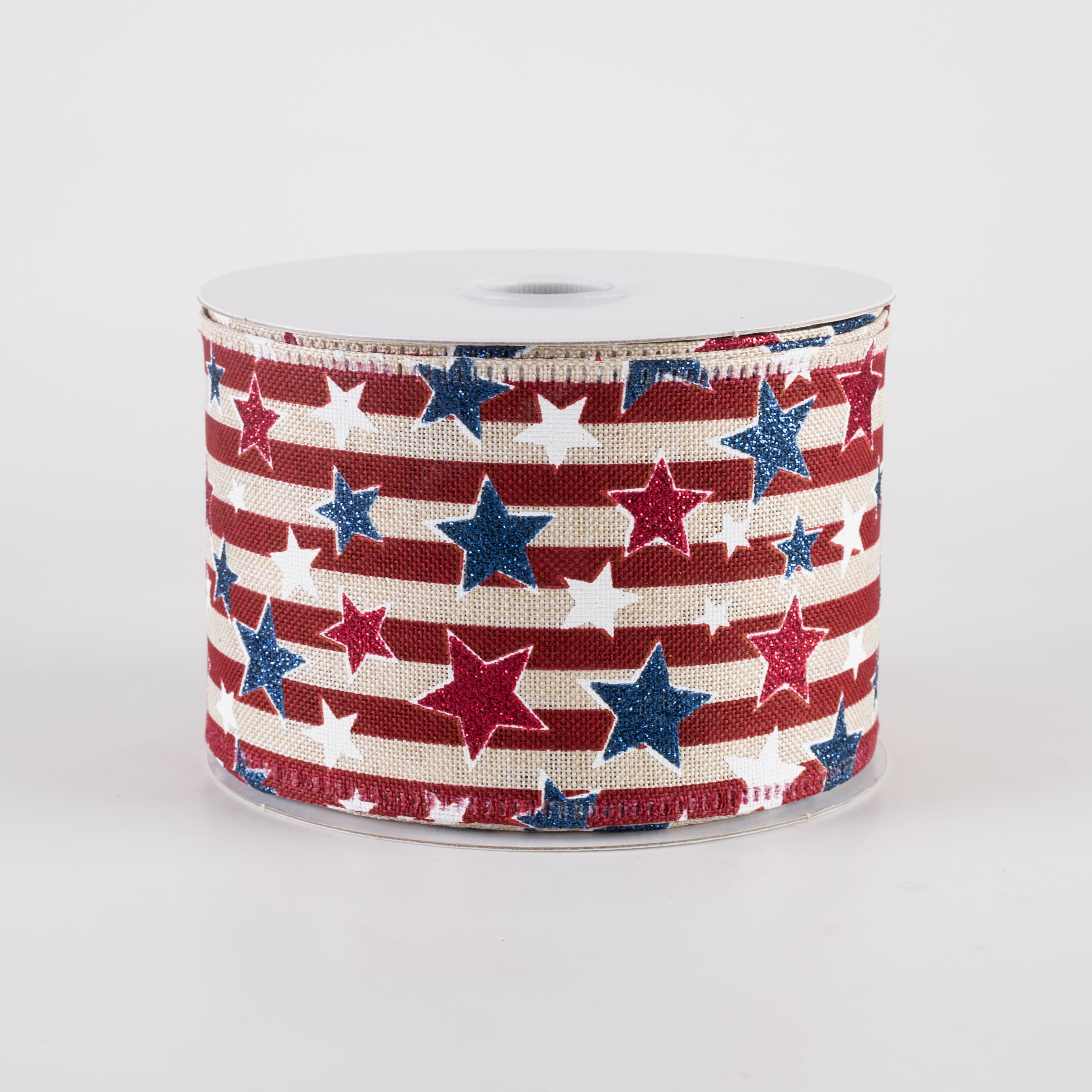 2.5" Stripes & Glitter Patriotic Stars Ribbon: Burgundy on Natural (10 Yards)