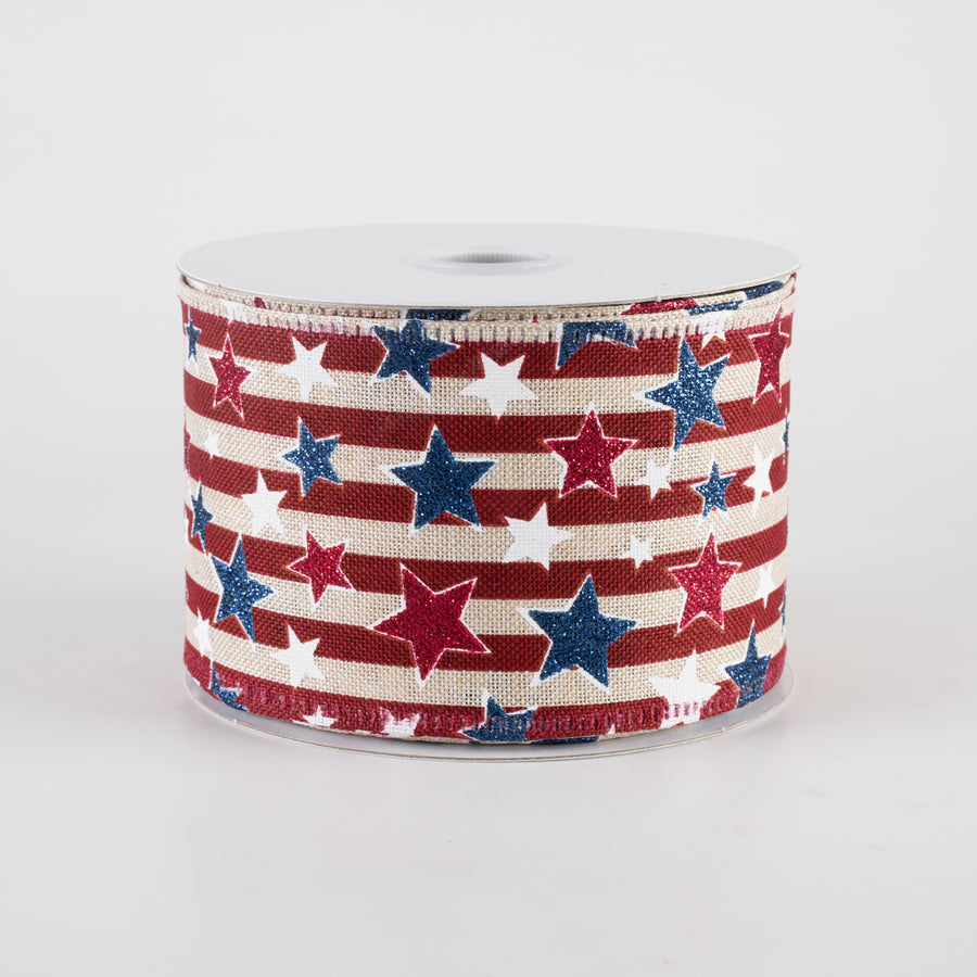 2.5" Stripes & Glitter Patriotic Stars Ribbon: Burgundy on Natural (10 Yards)