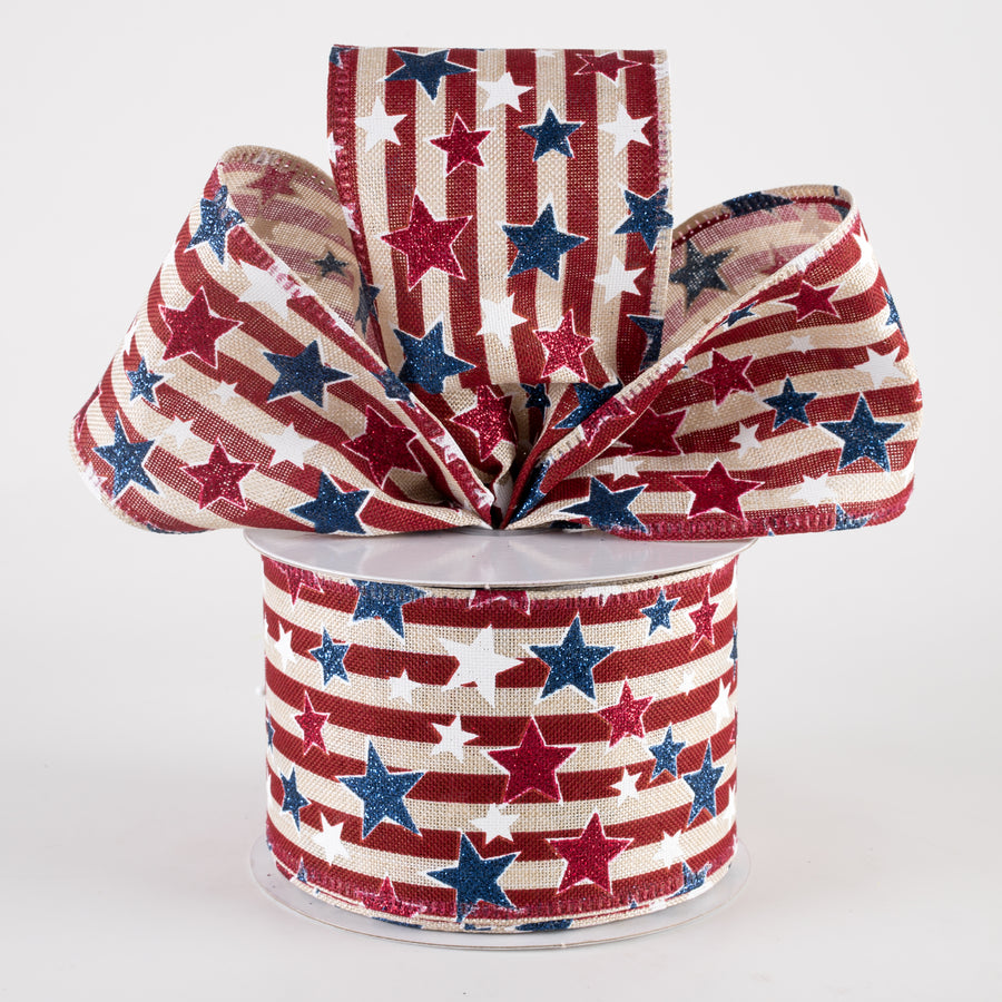 2.5" Stripes & Glitter Patriotic Stars Ribbon: Burgundy on Natural (10 Yards)