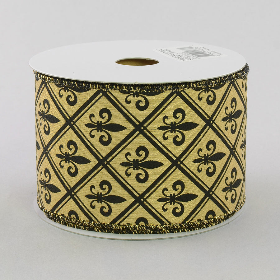2.5" Gold Lamé Harlequin Fleur De Lis Ribbon: Black & Gold (10 Yards)