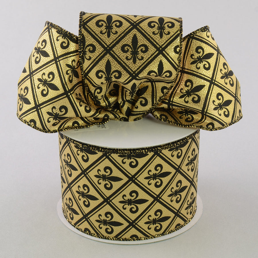 2.5" Gold Lamé Harlequin Fleur De Lis Ribbon: Black & Gold (10 Yards)