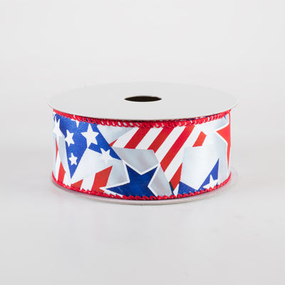 1.5" Satin Stripe RWB Stars Ribbon: Light Blue (10 Yards)