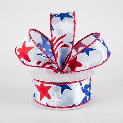 1.5" Satin Stripe RWB Stars Ribbon: Light Blue (10 Yards)