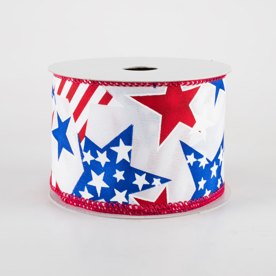 2.5" Satin Stripe RWB Stars Ribbon: White (10 Yards)