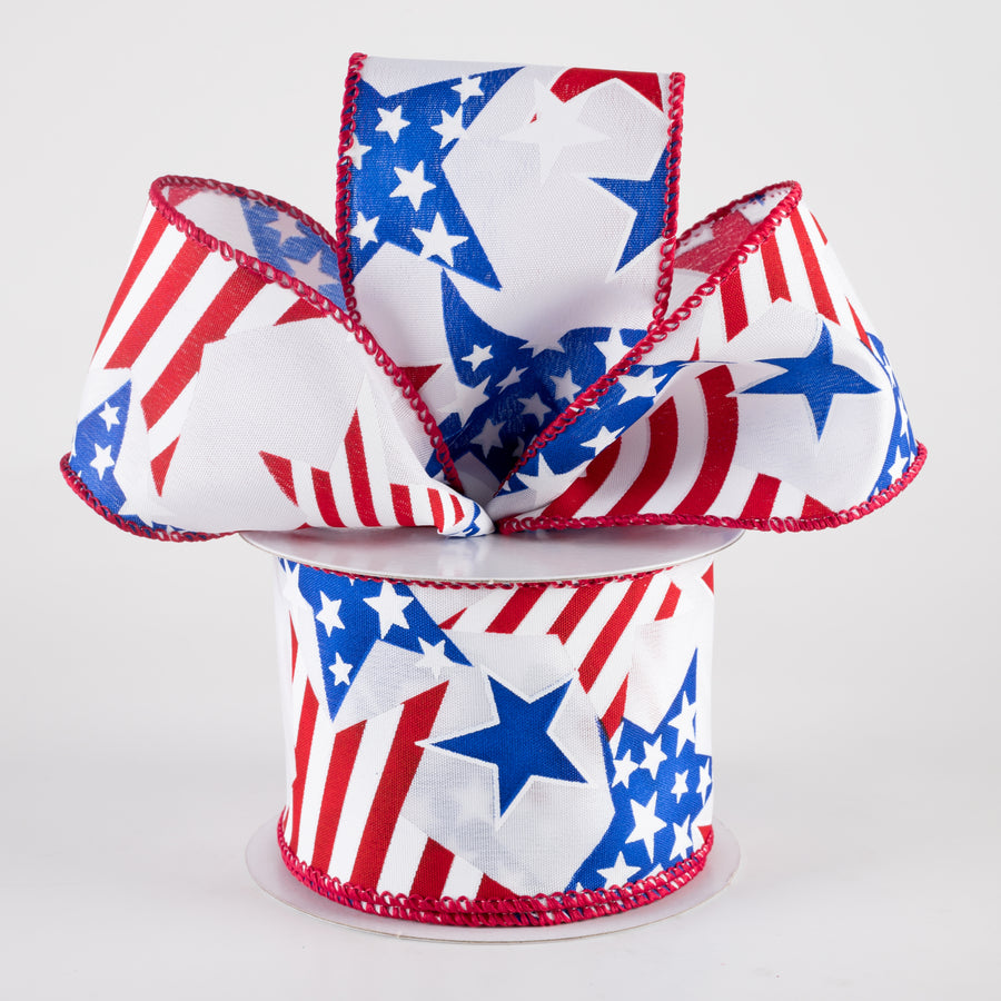 2.5" Satin Stripe RWB Stars Ribbon: White (10 Yards)