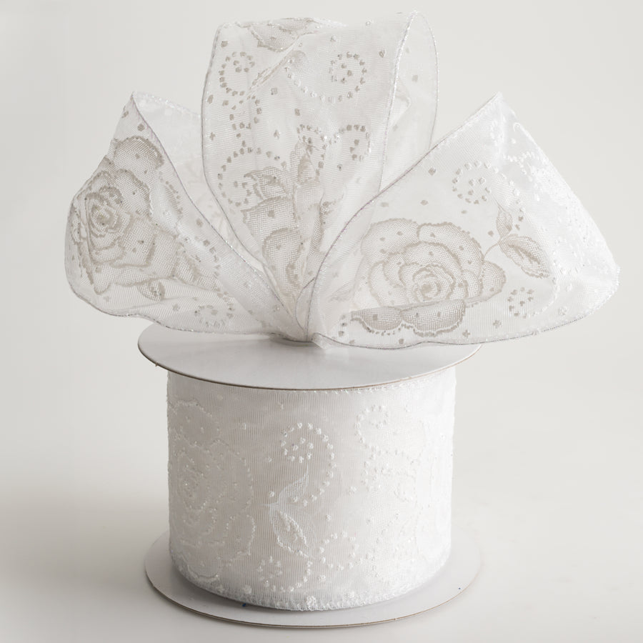 2.5" Sheer Rose Pearl Dots Ribbon: White (10 Yards)