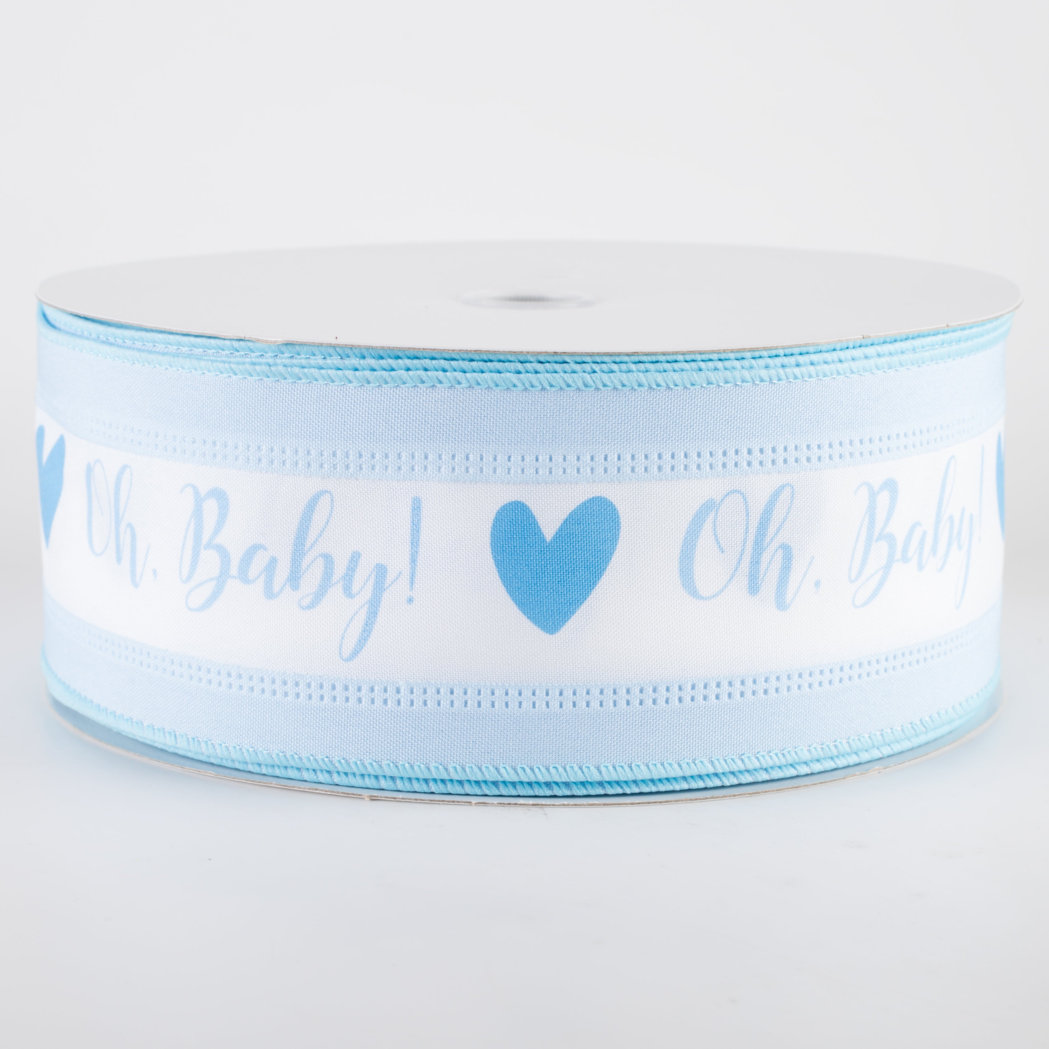 2.5" Oh, Baby! Heart Linen Edge Ribbon: White & Light Blue (50 Yards)