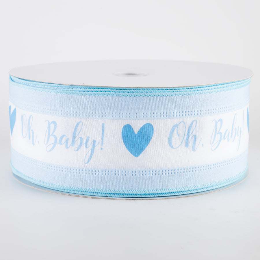 2.5" Oh, Baby! Heart Linen Edge Ribbon: White & Light Blue (50 Yards)