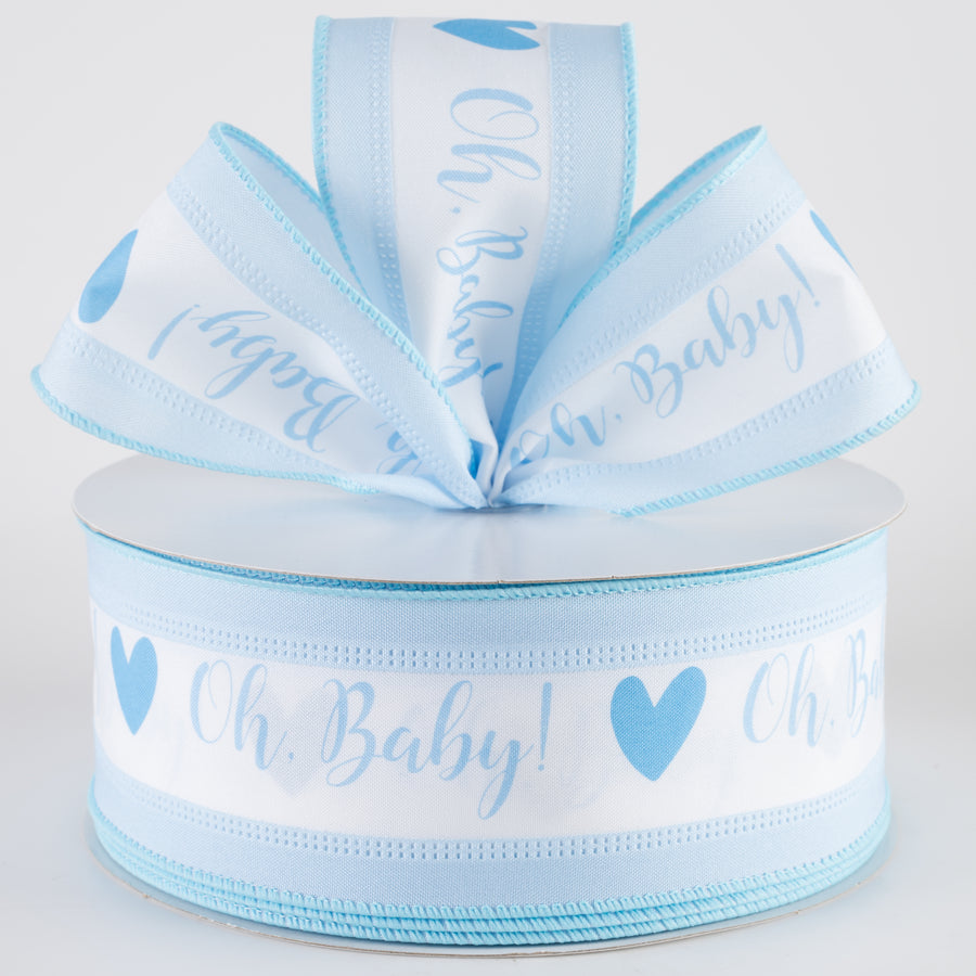 2.5" Oh, Baby! Heart Linen Edge Ribbon: White & Light Blue (50 Yards)