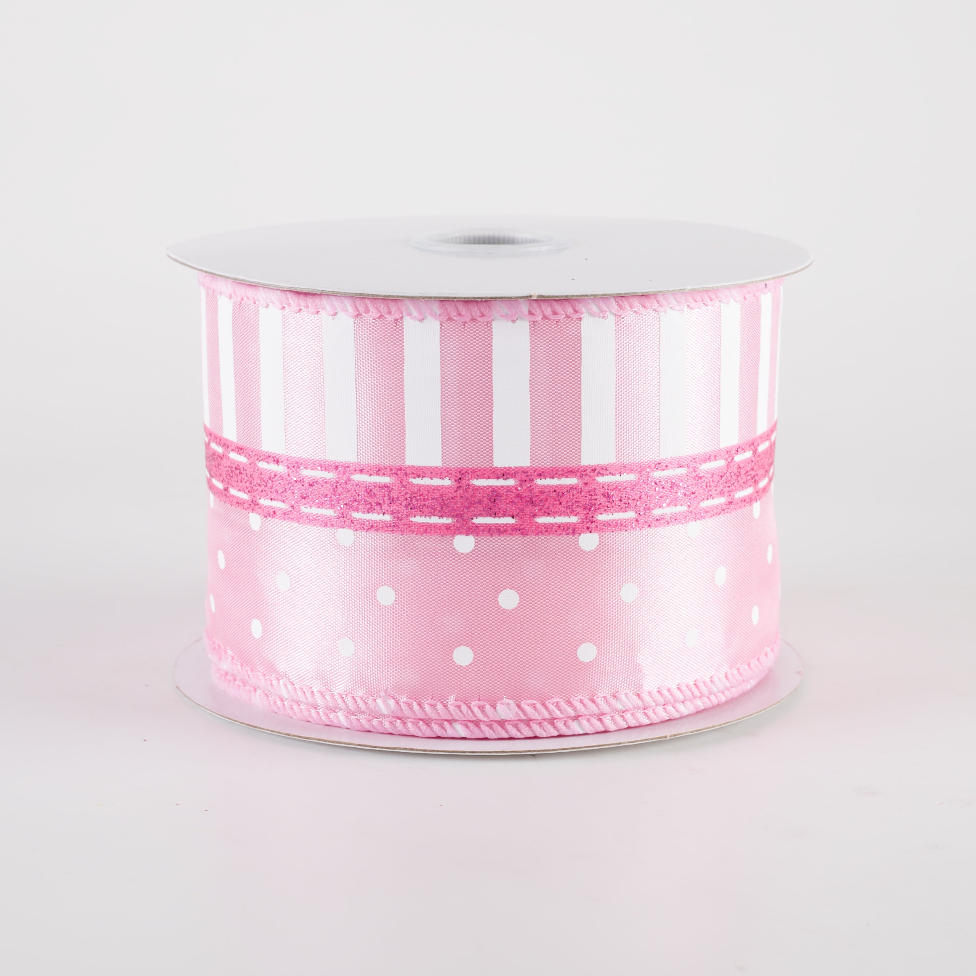 2.5" Satin Dots & Stripes Ribbon: Pink (10 Yards)