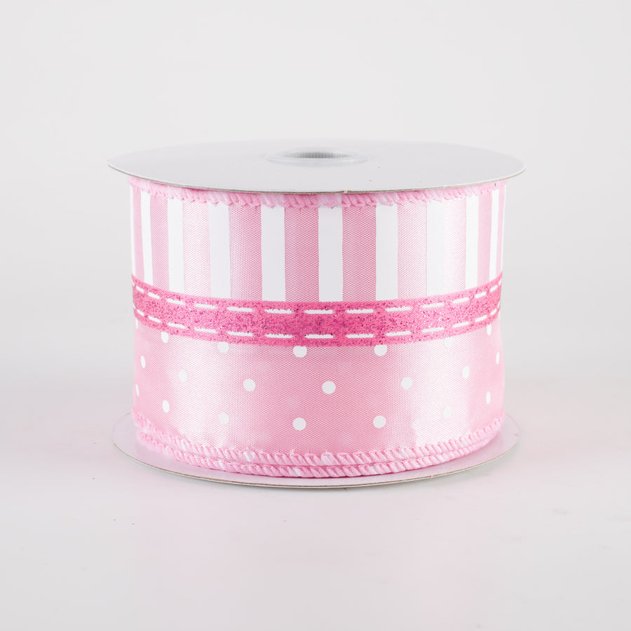 2.5" Satin Dots & Stripes Ribbon: Pink (10 Yards)