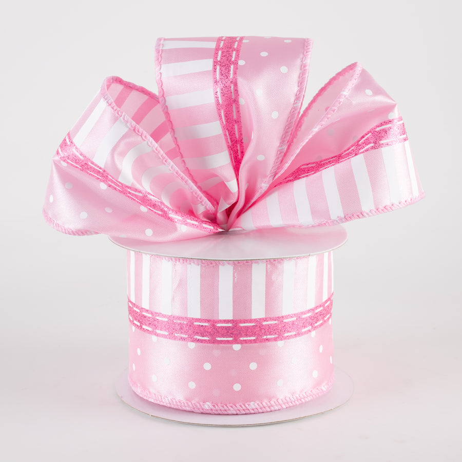 2.5" Satin Dots & Stripes Ribbon: Pink (10 Yards)
