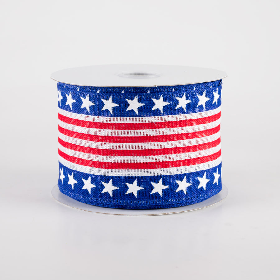2.5" Linen Patriotic Stars & Cabana Stripes Ribbon: White (10 Yards)