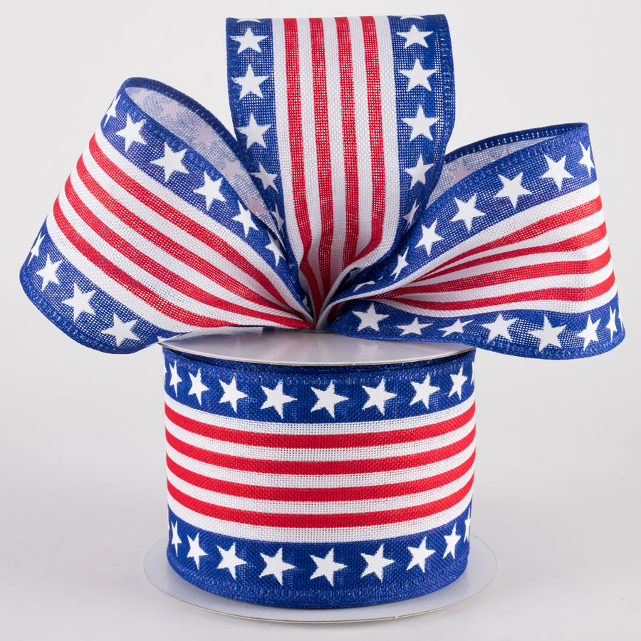 2.5" Linen Patriotic Stars & Cabana Stripes Ribbon: White (10 Yards)