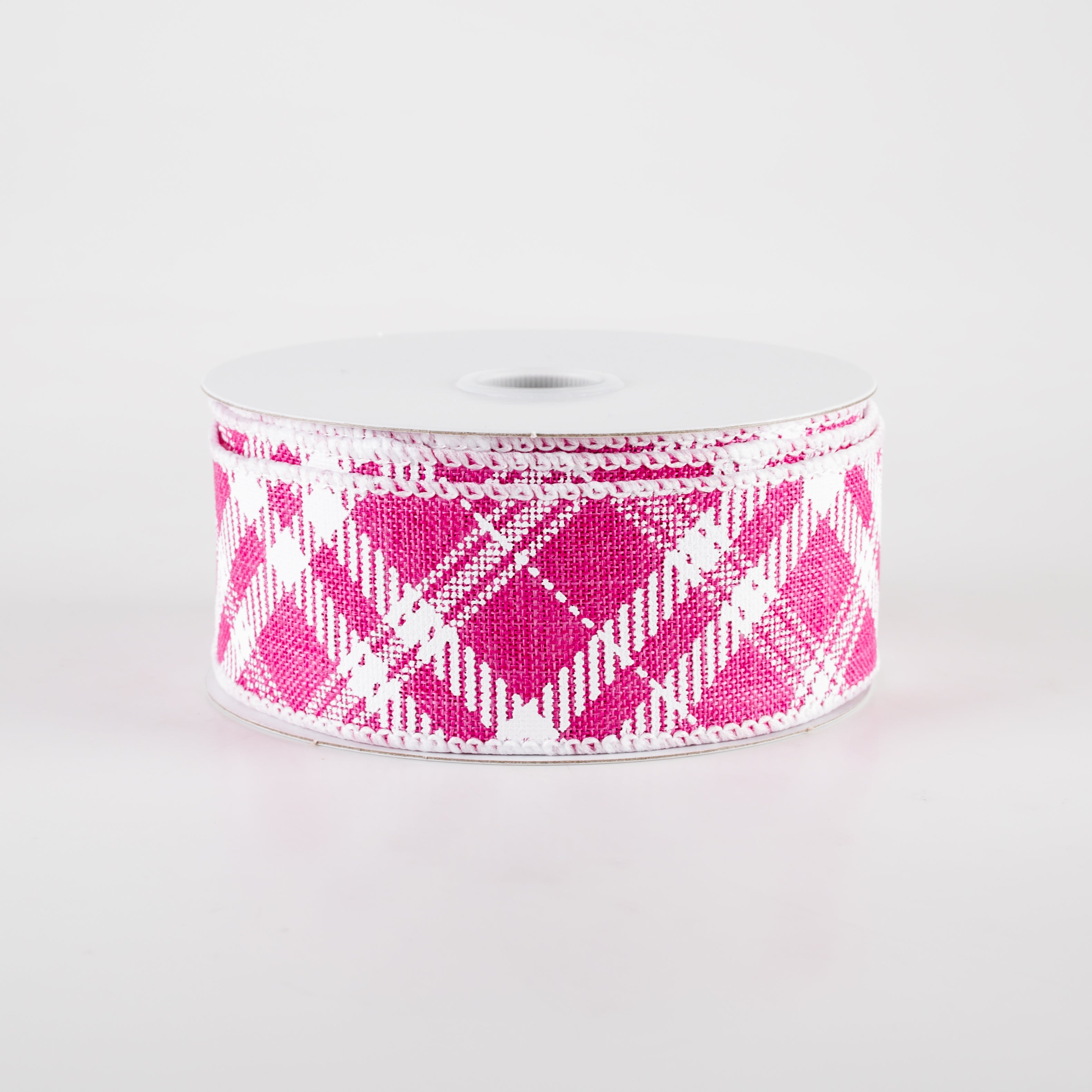 1.5" Linen Sandra Diagonal Plaid Ribbon: Hot Pink (10 Yards)